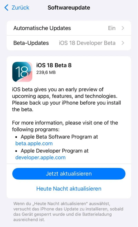 冠县苹果手机维修分享苹果 iOS / iPadOS 18 开发者预览版 Beta 8 发布 